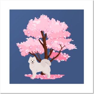 Samoyed Dog with Spring Sakura Tree Posters and Art